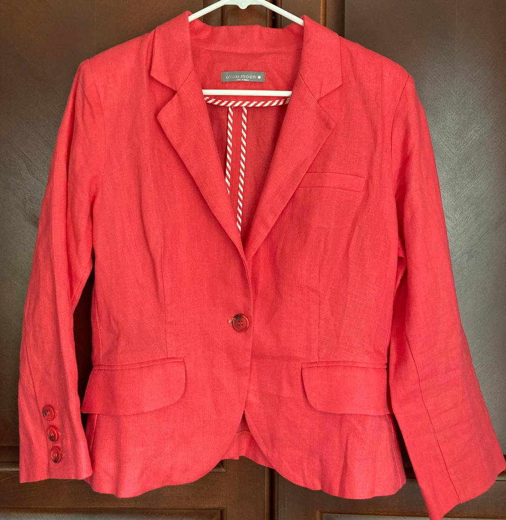 Olivia Moon - Coastal Chic Smart Casual Coral Linen Long Sleeve Waist Blazer -L